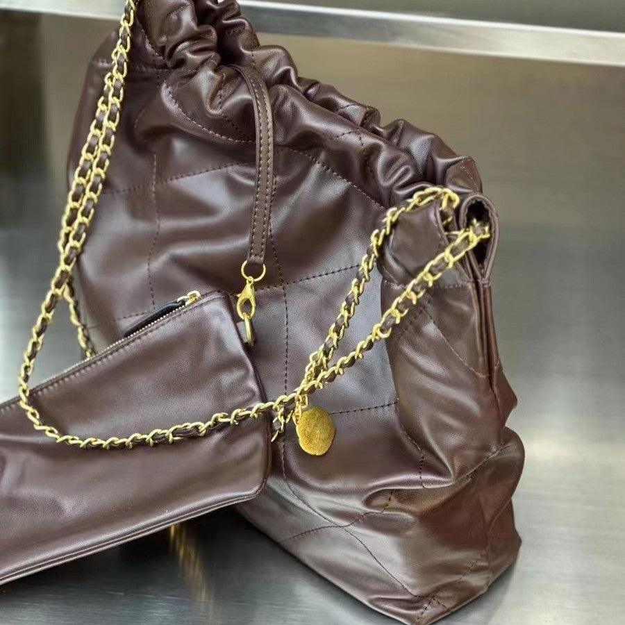 Brown calfskin leather quilted shoulder bag with gold-tone chain and matching pouch