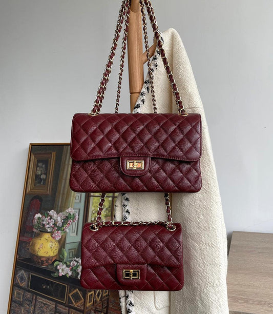 Classic Genuine Caviar Leather Handbag, Crossbody Bag, Classic Flap Bag Caviar, Leather Shoulder Purse, Chain Strap Lock Bag, Christmas Gift