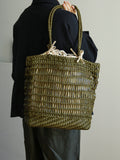 Handwoven Leather Tote Bag | Full Grain Cowhide Open Weave Shoulder Bag | Large Basket Tote | Boho Leather Handbag
