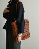 Handwoven Leather Tote Bag | Full Grain Cowhide Open Weave Shoulder Bag | Large Basket Tote | Boho Leather Handbag