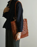 Handwoven Leather Tote Bag | Full Grain Cowhide Open Weave Shoulder Bag | Large Basket Tote | Boho Leather Handbag