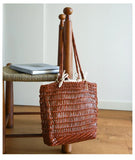 Handwoven Leather Tote Bag | Full Grain Cowhide Open Weave Shoulder Bag | Large Basket Tote | Boho Leather Handbag