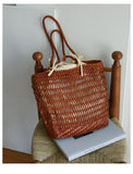 Handwoven Leather Tote Bag | Full Grain Cowhide Open Weave Shoulder Bag | Large Basket Tote | Boho Leather Handbag