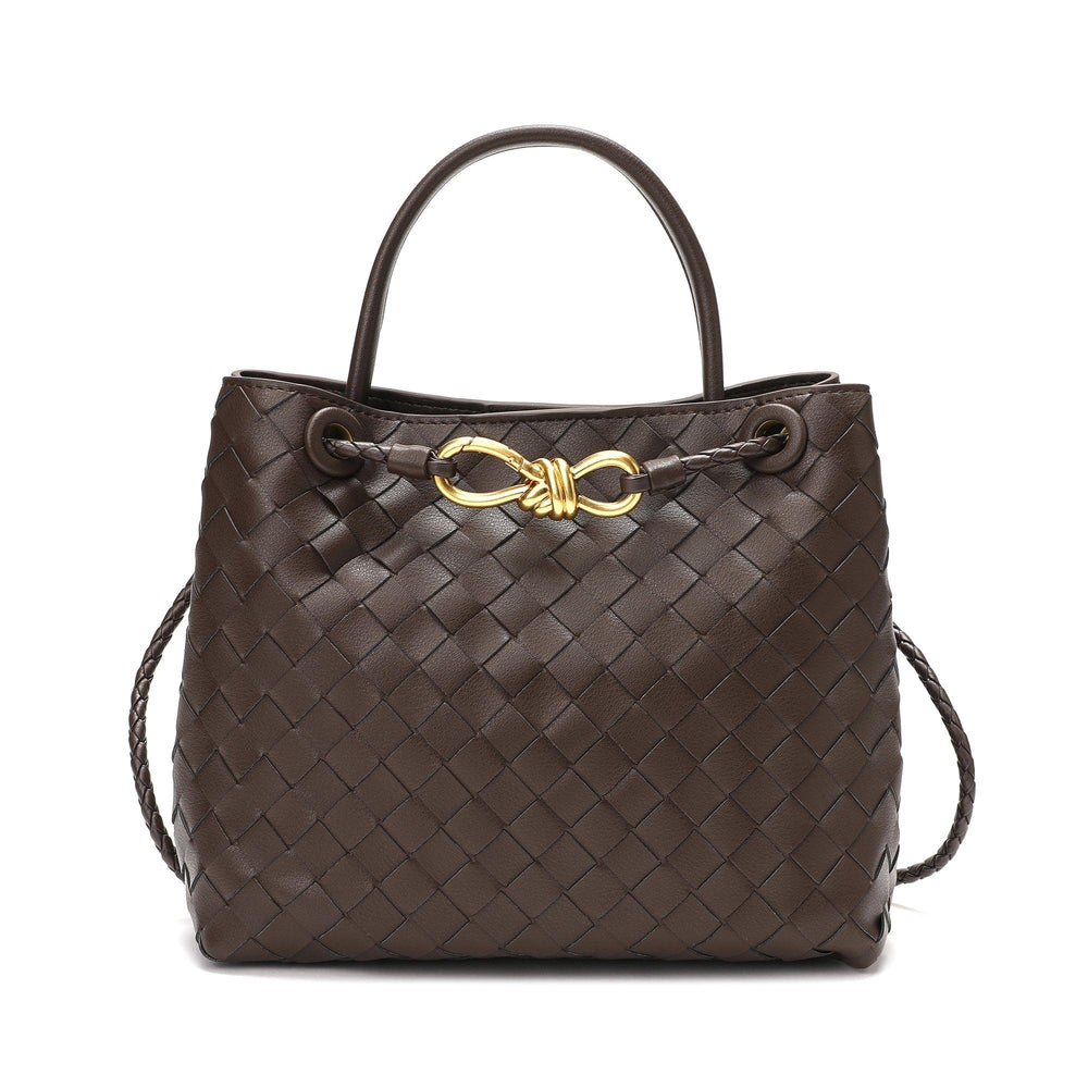 Brown woven cowhide leather shoulder bag with gold metal buckle and braided handles
