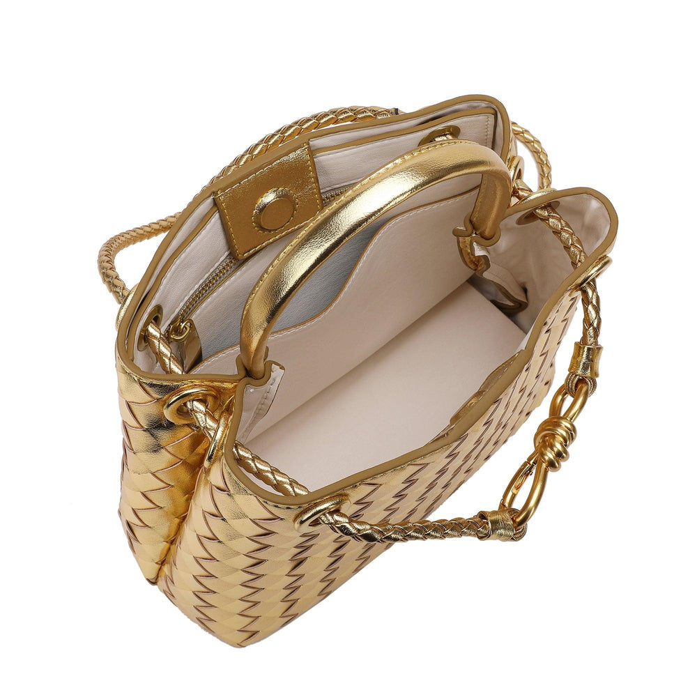Gold cowhide leather woven shoulder bag with braided handle and metal buckle, open top view