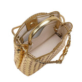 Gold cowhide leather woven shoulder bag with braided handle and metal buckle, open top view