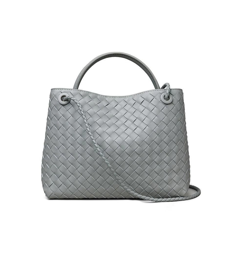 Gray woven cowhide leather shoulder bag with knotted strap and metal buckle detailing