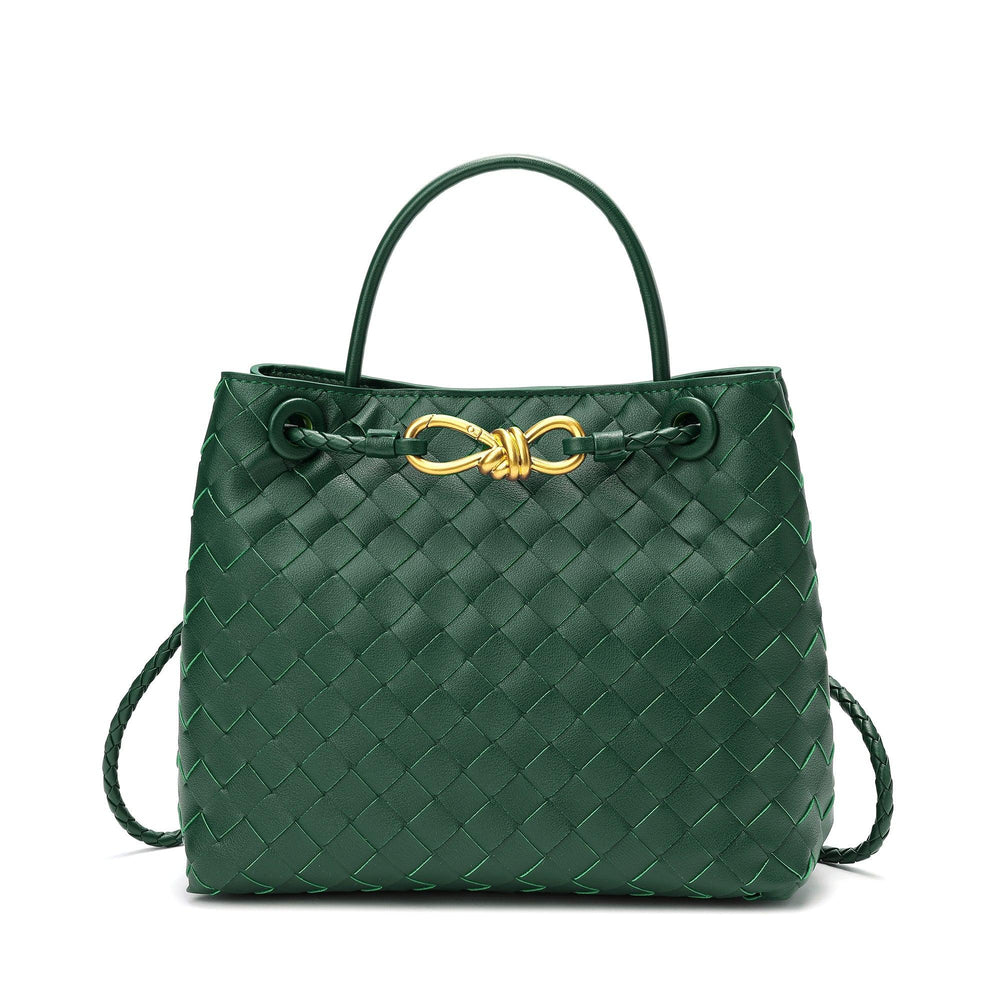 Green woven leather shoulder bag with gold metal buckle and top handle