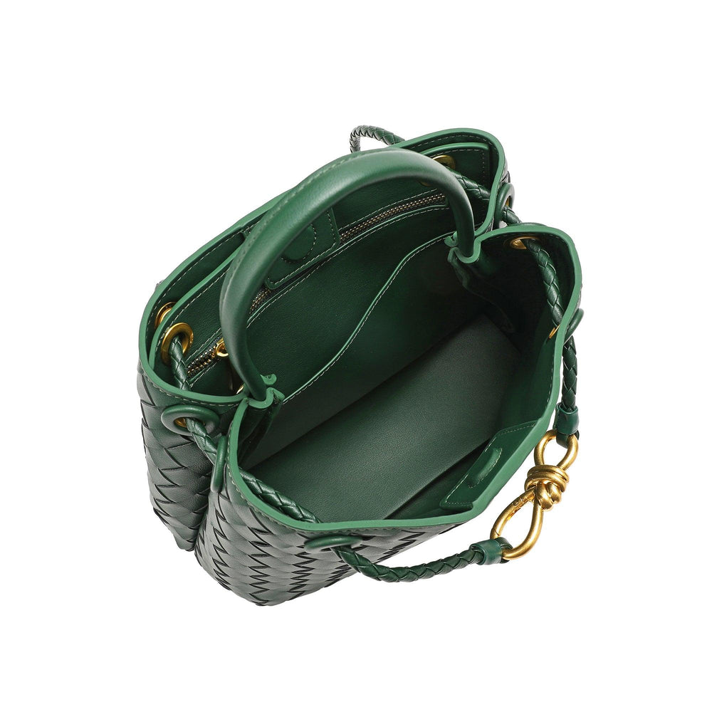 Green woven cowhide leather shoulder bag with braided handle and gold metal buckle