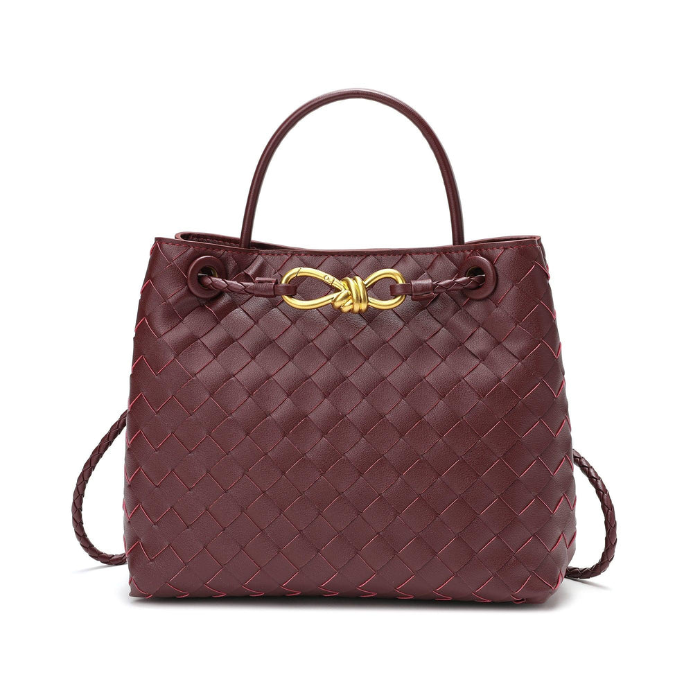 Burgundy woven cowhide leather shoulder bag with gold metal buckle and top handle