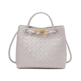 White woven cowhide leather shoulder bag with gold metal buckle and braided handles