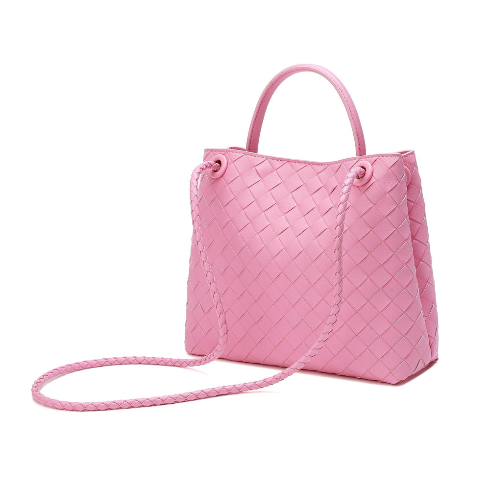 Pink woven leather shoulder bag with braided strap and top handle, fashion handbag on white background