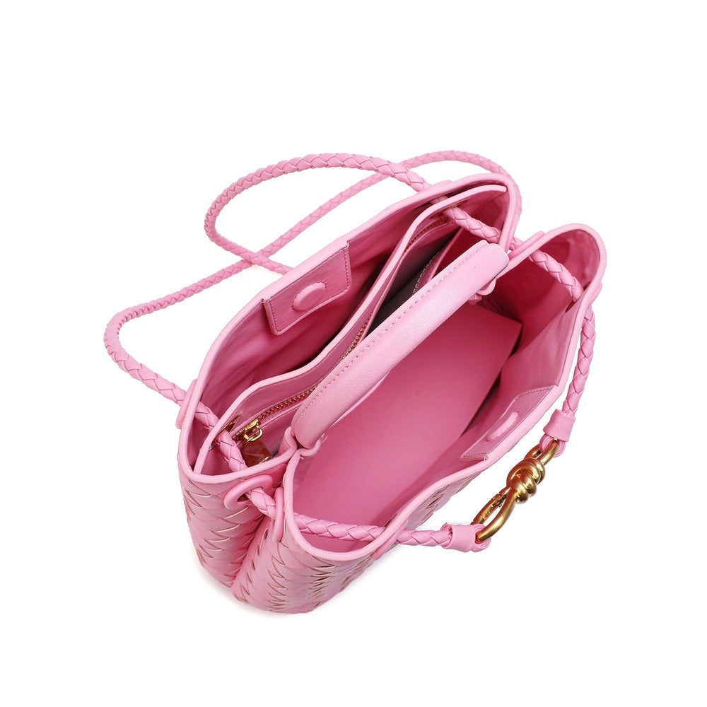 Pink woven leather shoulder bag with braided handles, gold metal buckle, and spacious interior