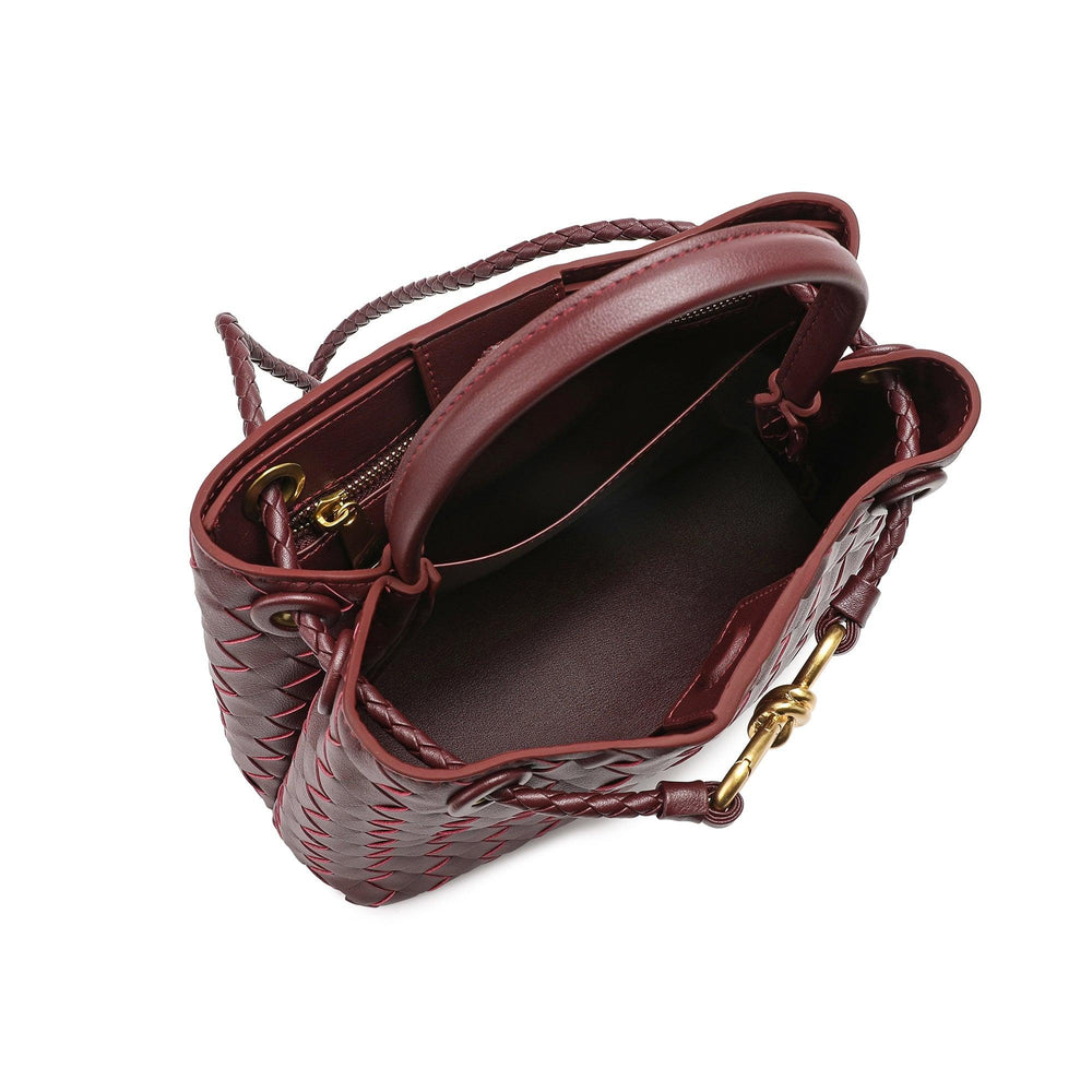 Open burgundy woven leather shoulder bag with gold metal buckle and braided handle