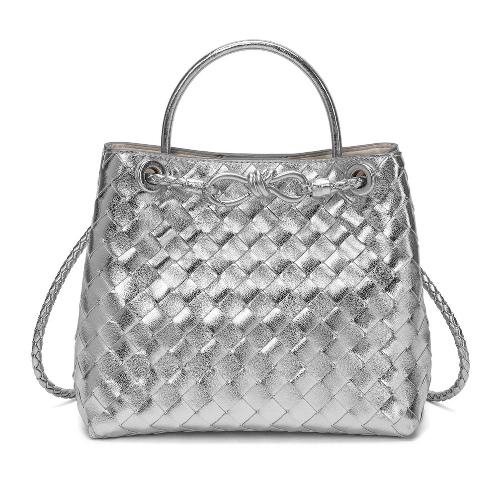 Silver woven leather shoulder bag with braided handles and metal knot buckle, designer style