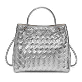 Silver woven leather shoulder bag with braided handles and metal knot buckle, designer style