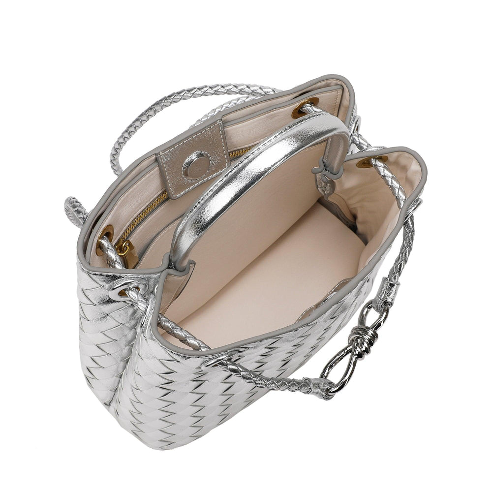 Silver cowhide leather woven shoulder bag with braided handles and metal buckle, open top view