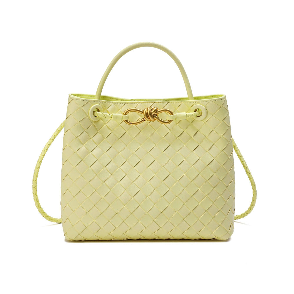 Yellow woven leather shoulder bag with top handle, braided strap, and gold metal buckle
