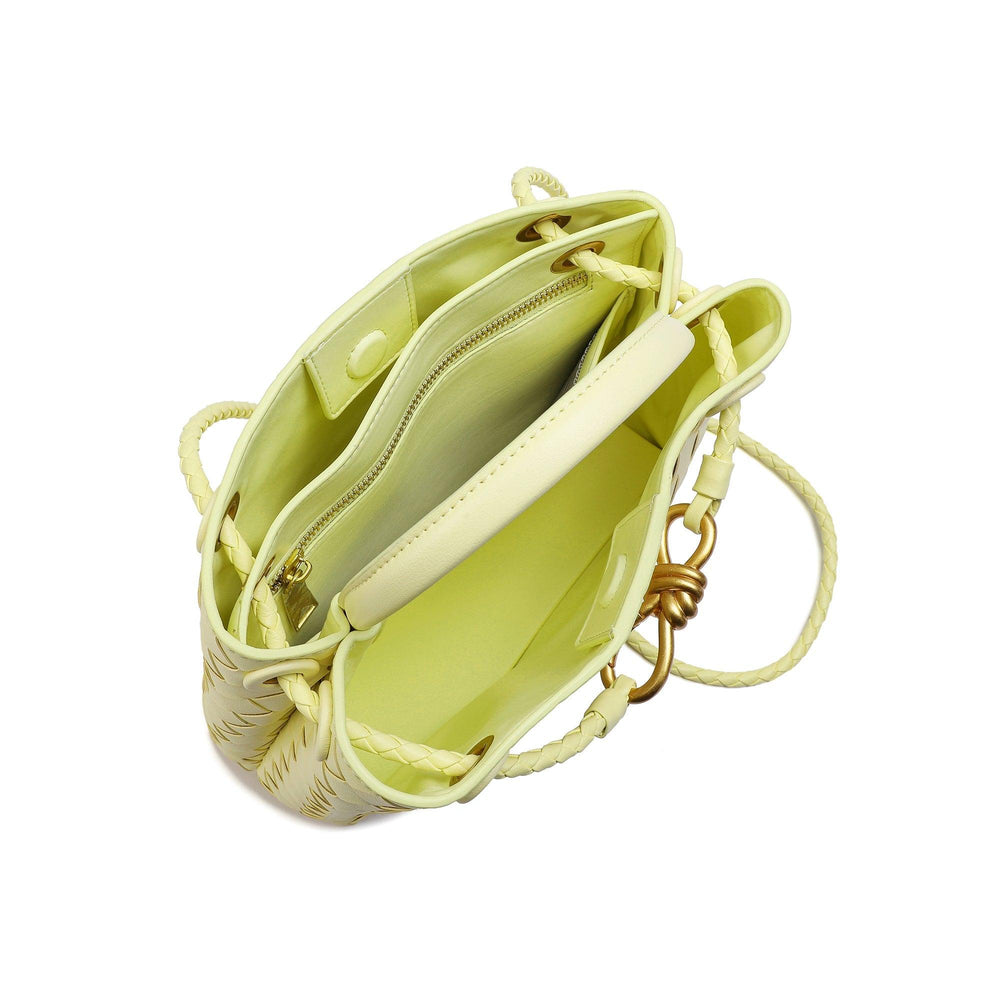 Yellow woven cowhide leather shoulder bag with braided strap, gold buckle, and interior zip pocket