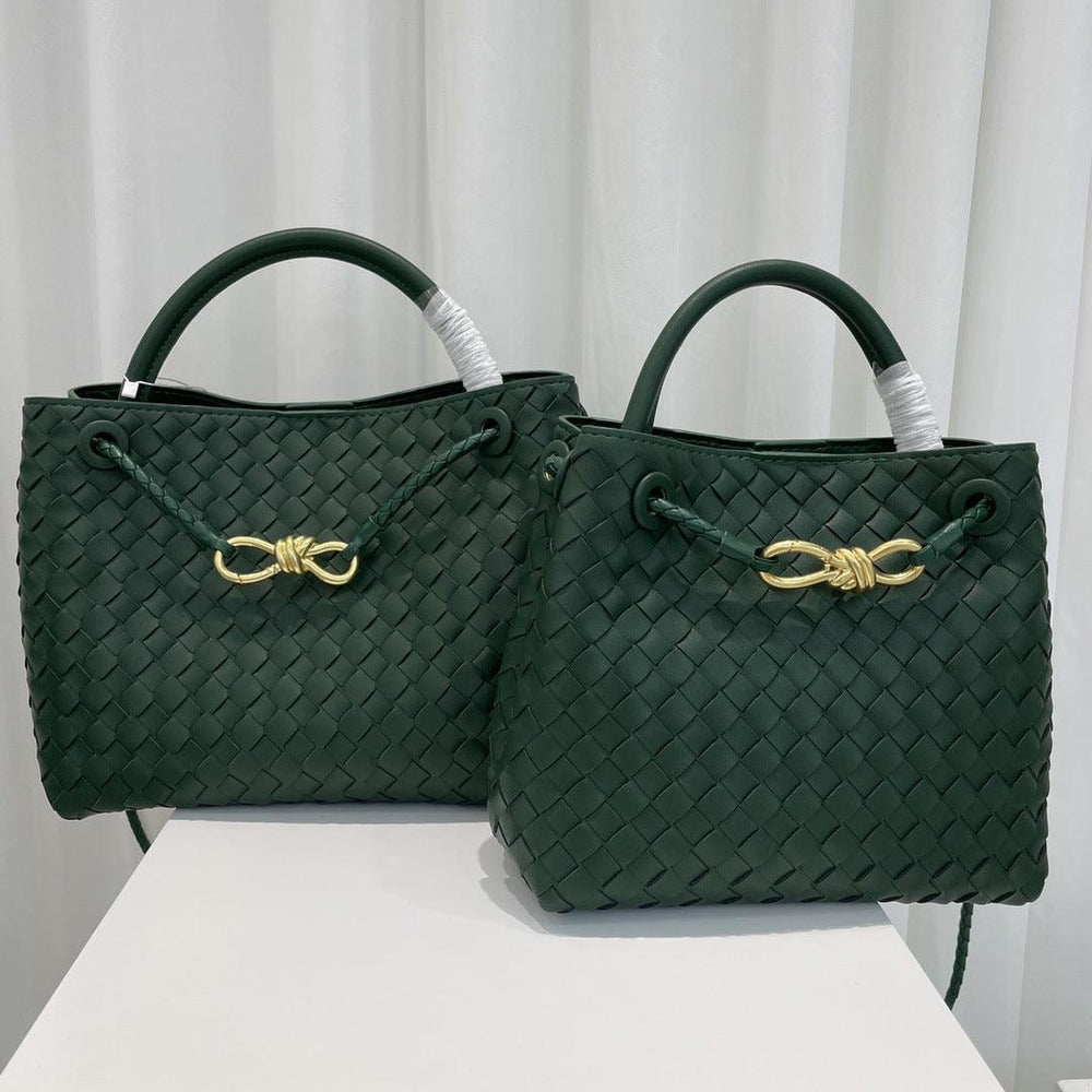 Green woven leather shoulder bags with gold metal buckle, displayed on a white surface.
