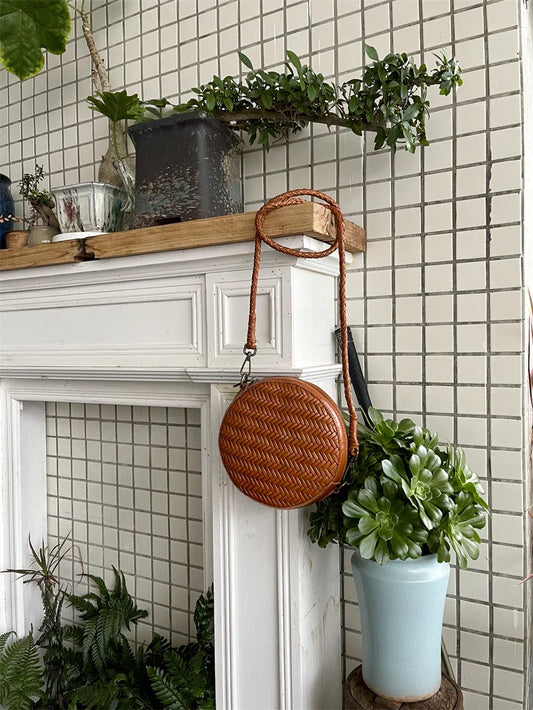 Cowhide Leather Woven Hobo Round Bag, Summer Beach Bag, Triple Jump Bamboo Shoulder Bag, Handcrafted Basket Round Crossbody Bag