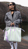 Olive & Espresso Striped Canvas Oxford Large Tote with Leather Accents | Elegant Shopper's Handbag with Crossbody Option, Women Laptop Bag