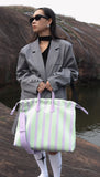 Olive & Espresso Striped Canvas Oxford Large Tote with Leather Accents | Elegant Shopper's Handbag with Crossbody Option, Women Laptop Bag