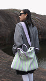 Olive & Espresso Striped Canvas Oxford Large Tote with Leather Accents | Elegant Shopper's Handbag with Crossbody Option, Women Laptop Bag