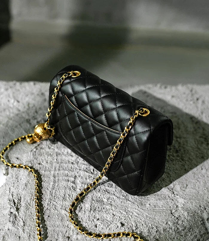 Classic Caviar/Lambskin Flap Bag with Chain Ball | Genuine Caviar Leather Crossbody Bag, Leather Shoulder Purse, Chain Strap Lock Bag, Christmas Gift - Image 8
