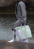 Olive & Espresso Striped Canvas Oxford Large Tote with Leather Accents | Elegant Shopper's Handbag with Crossbody Option, Women Laptop Bag