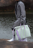 Olive & Espresso Striped Canvas Oxford Large Tote with Leather Accents | Elegant Shopper's Handbag with Crossbody Option, Women Laptop Bag
