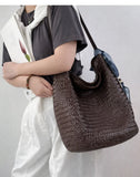Handwoven Full Grain Leather Bucket Bag | Stylish Shoulder Bag for Women | Leather Beach Bag