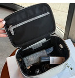 Luxury Genuine Cowhide Leather Makeup Case — Lizard Embossed Train Case with Organiser Lid & Matching Mirror | Travel Cosmetic Bag for Women
