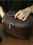 Luxury Genuine Cowhide Leather Makeup Case — Lizard Embossed Train Case with Organiser Lid & Matching Mirror | Travel Cosmetic Bag for Women