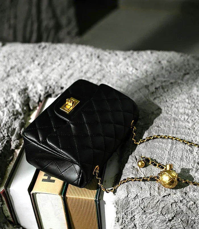 Classic Caviar/Lambskin Flap Bag with Chain Ball | Genuine Caviar Leather Crossbody Bag, Leather Shoulder Purse, Chain Strap Lock Bag, Christmas Gift - Image 7