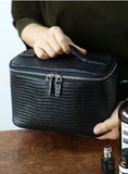 Luxury Genuine Cowhide Leather Makeup Case — Lizard Embossed Train Case with Organiser Lid & Matching Mirror | Travel Cosmetic Bag for Women
