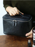 Luxury Genuine Cowhide Leather Makeup Case — Lizard Embossed Train Case with Organiser Lid & Matching Mirror | Travel Cosmetic Bag for Women