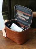 Luxury Genuine Cowhide Leather Makeup Case — Lizard Embossed Train Case with Organiser Lid & Matching Mirror | Travel Cosmetic Bag for Women