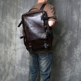Genuine Full Grain Cowhide Leather Backpack for Men — Handmade Large Travel & Laptop Rucksack | 2 Sizes, 4 Colours | Tactical Buckle Design