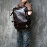 Genuine Full Grain Cowhide Leather Backpack for Men — Handmade Large Travel & Laptop Rucksack | 2 Sizes, 4 Colours | Tactical Buckle Design