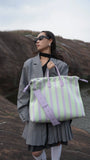 Olive & Espresso Striped Canvas Oxford Large Tote with Leather Accents | Elegant Shopper's Handbag with Crossbody Option, Women Laptop Bag