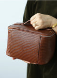 Luxury Genuine Cowhide Leather Makeup Case — Lizard Embossed Train Case with Organiser Lid & Matching Mirror | Travel Cosmetic Bag for Women