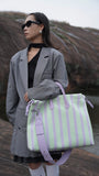 Olive & Espresso Striped Canvas Oxford Large Tote with Leather Accents | Elegant Shopper's Handbag with Crossbody Option, Women Laptop Bag