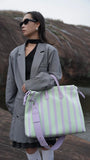 Olive & Espresso Striped Canvas Oxford Large Tote with Leather Accents | Elegant Shopper's Handbag with Crossbody Option, Women Laptop Bag