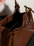 Double-Sided Weaving Noir Woven Lambskin Leather Shoulder Bag with Braided Handle and Gold Accents