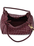 Double-Sided Weaving Noir Woven Lambskin Leather Shoulder Bag with Braided Handle and Gold Accents