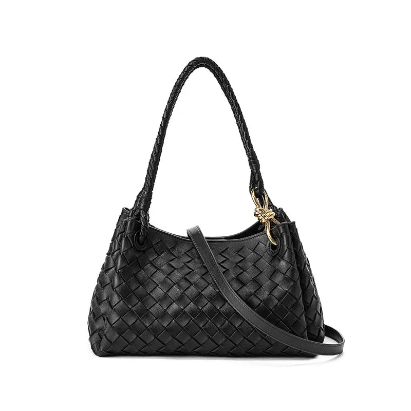 Double-Sided Weaving Noir Woven Lambskin Leather Shoulder Bag with Braided Handle and Gold Accents - Image 9
