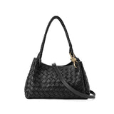Double-Sided Weaving Noir Woven Lambskin Leather Shoulder Bag with Braided Handle and Gold Accents - Image 9