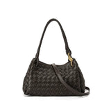 Double-Sided Weaving Noir Woven Lambskin Leather Shoulder Bag with Braided Handle and Gold Accents