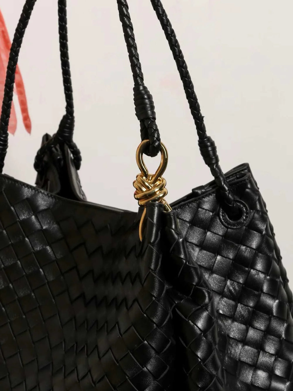Double-Sided Weaving Noir Woven Lambskin Leather Shoulder Bag with Braided Handle and Gold Accents - Image 6